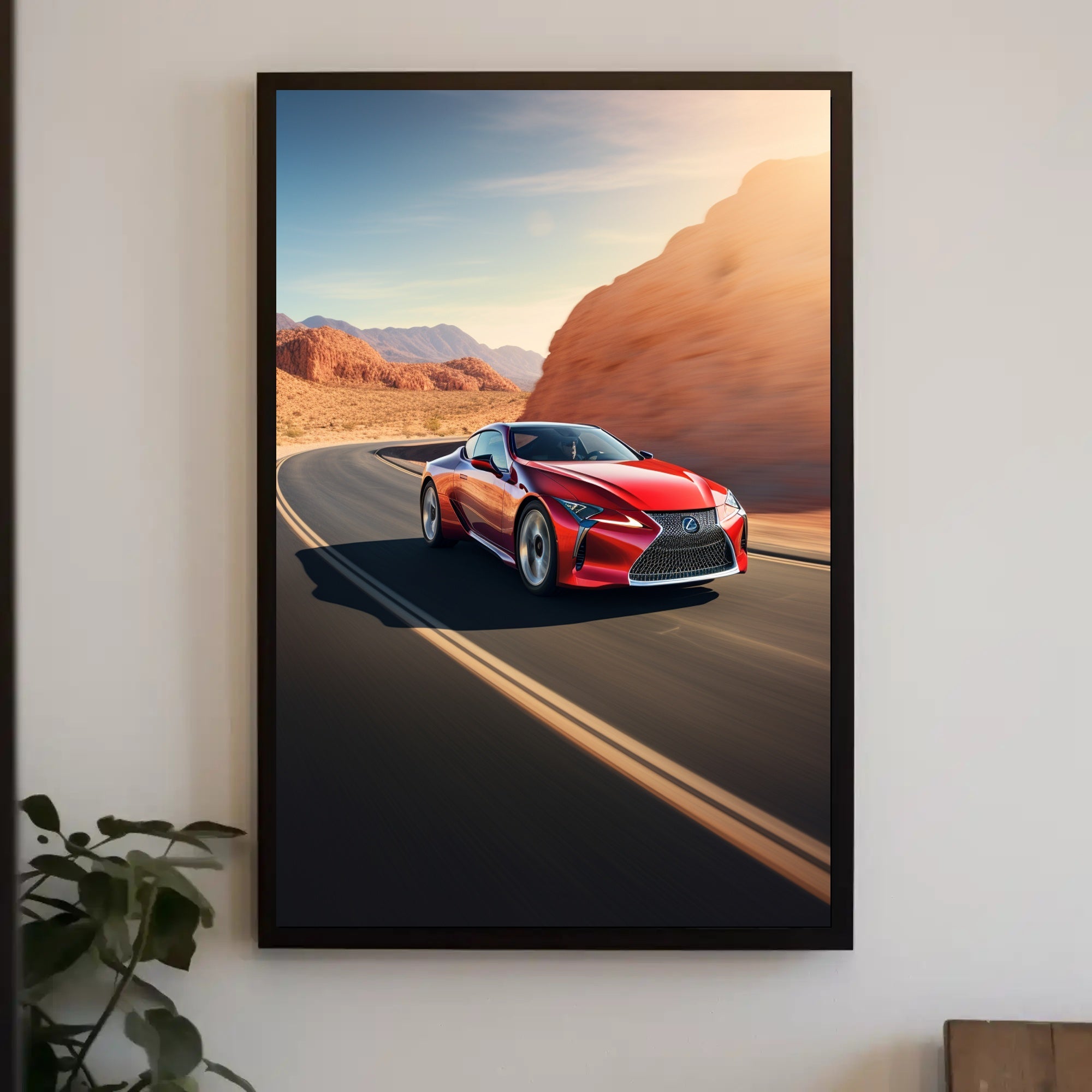 Sleek Red Sports Car on Desert Highway Poster PosterGoat