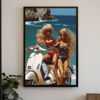 Beach Glamour: Vibrant Dolls on Scooter Travel Poster PosterGoat