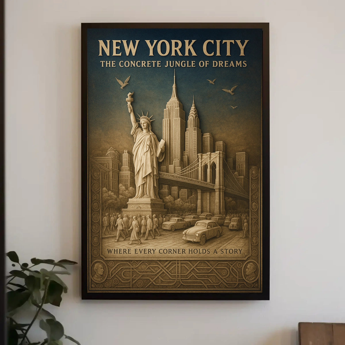 New York City Landmarks Cityscape Poster Vintage Wall Art