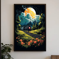 Moonlit Journey Vintage Train Surrealism Floral Meadow Night Travel Nostalgic Romance Poster