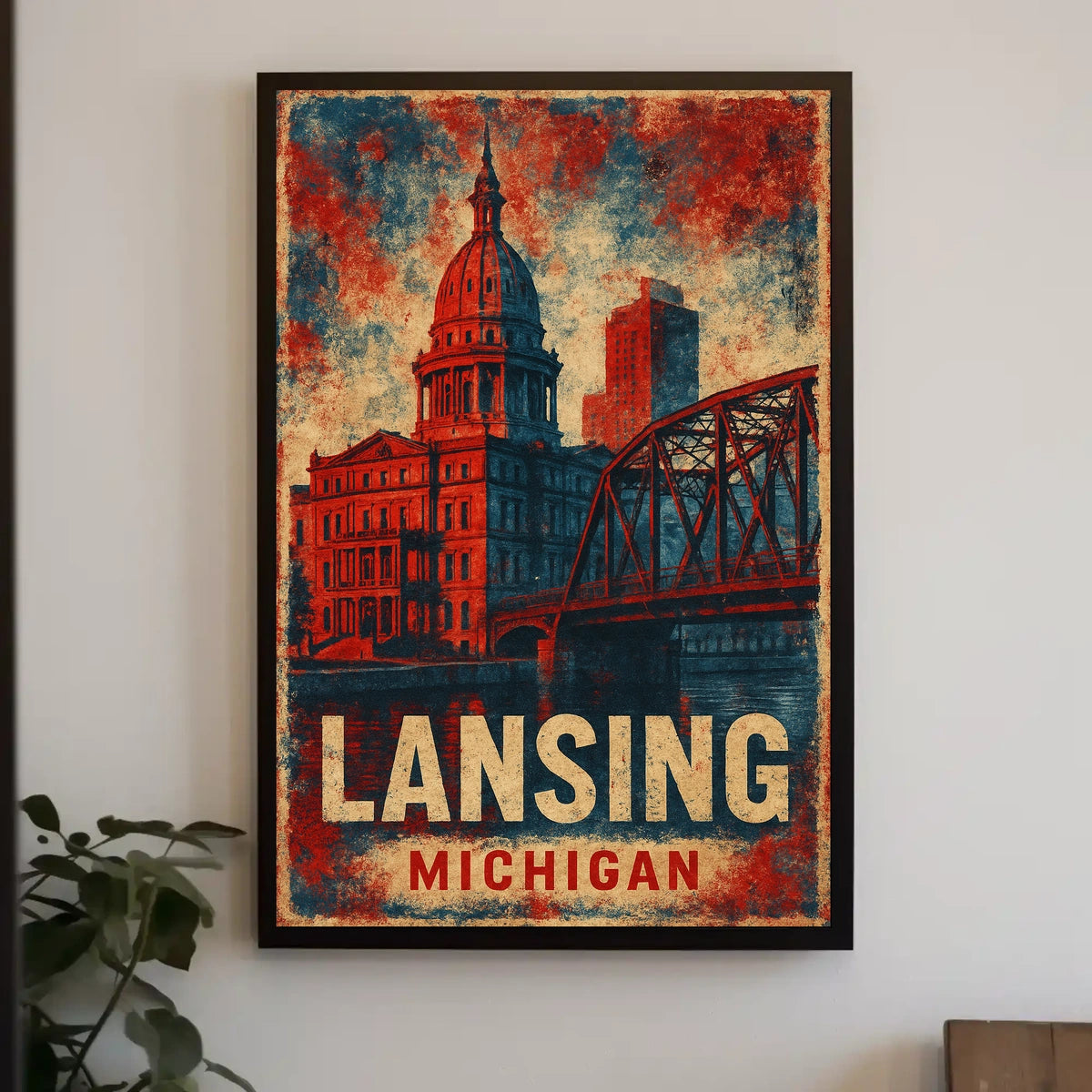 Lansing Cityscape Retro Typography Collectors Poster
