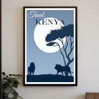 Kenya Silhouette Travel Print with Majestic Lions and Moonlight