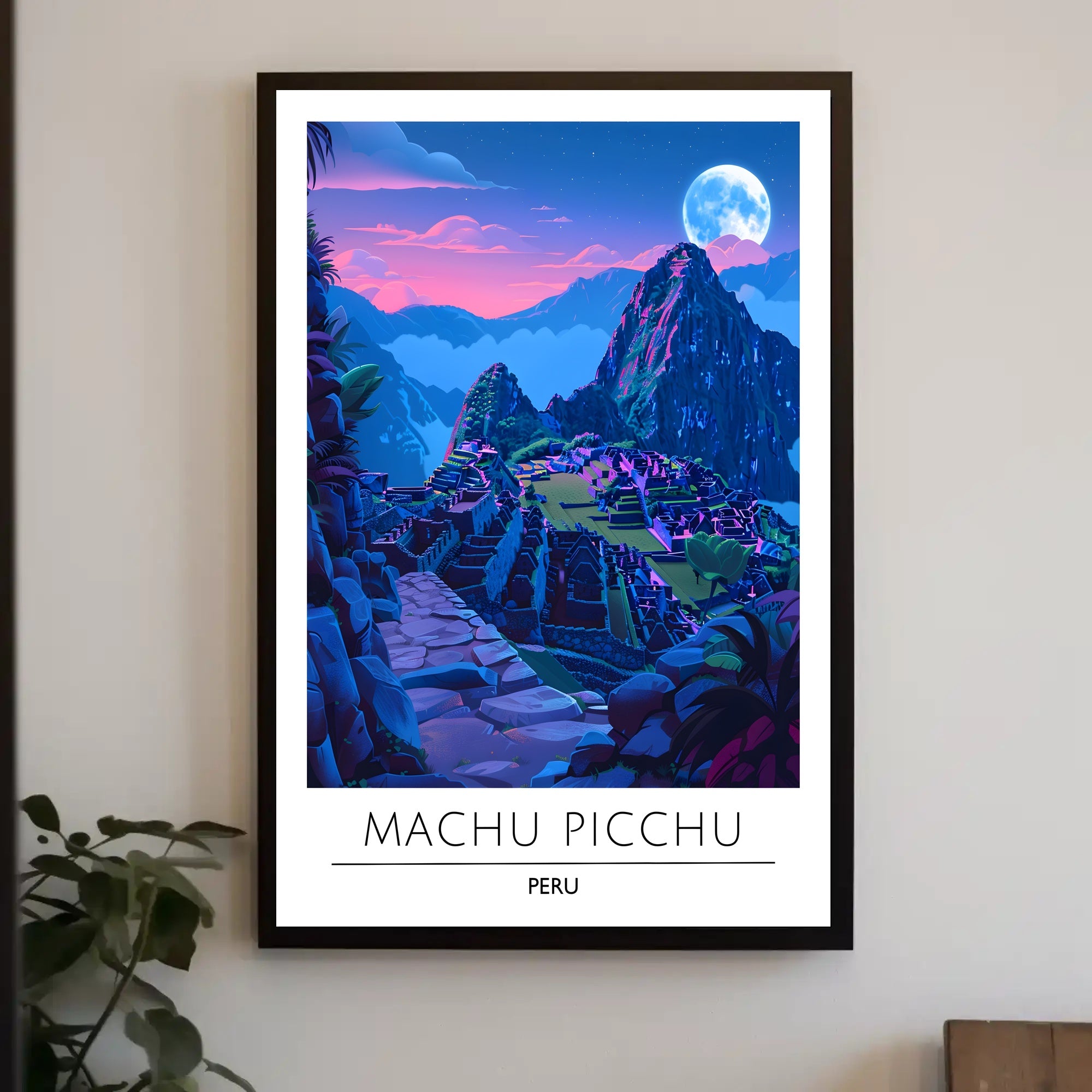 Machu Picchu Moonlit Dusk Vibrant Travel Poster