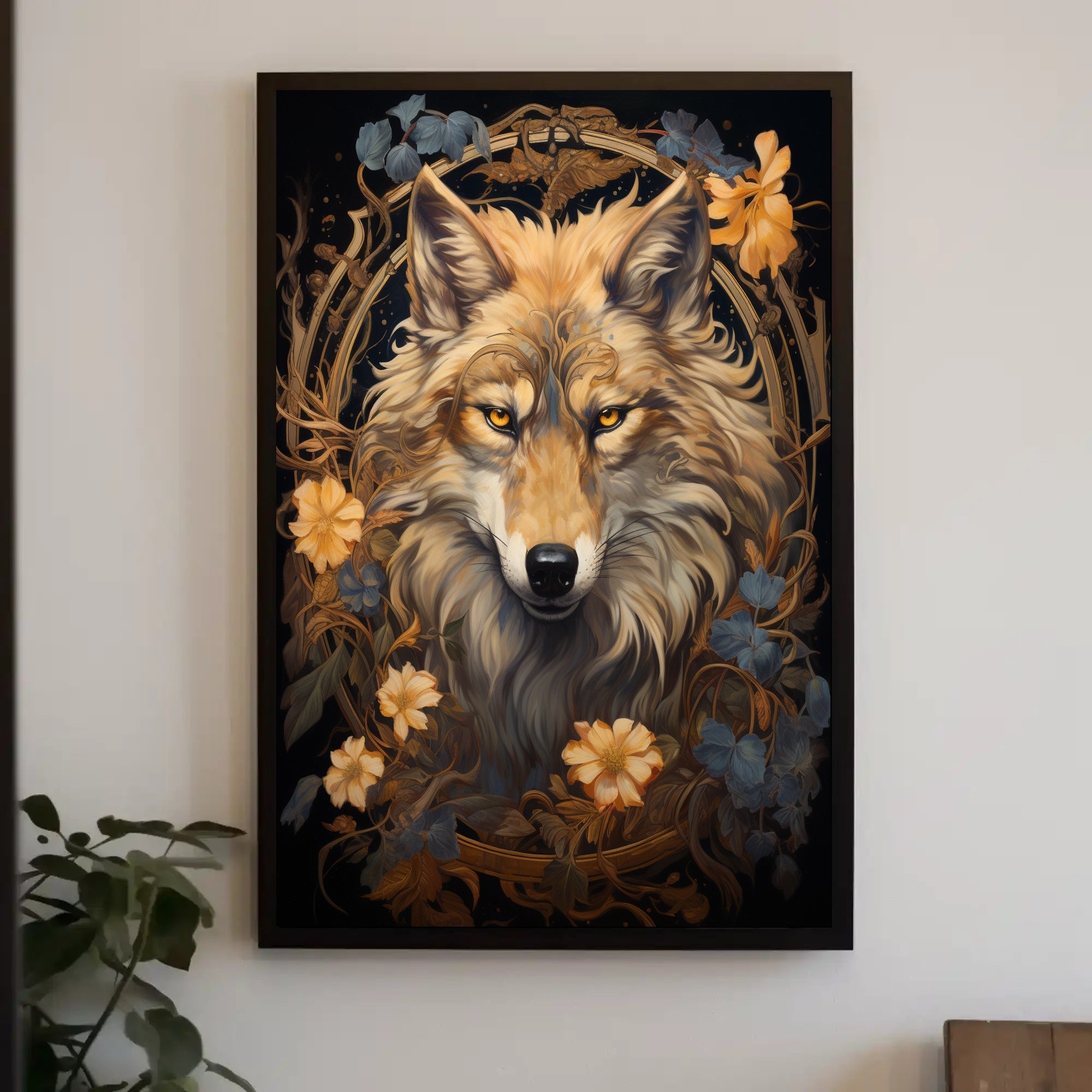 Majestic Wolf In Floral Frame Poster PosterGoat