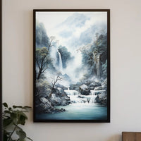 Tranquil Waterfall In Misty Mountains Poster