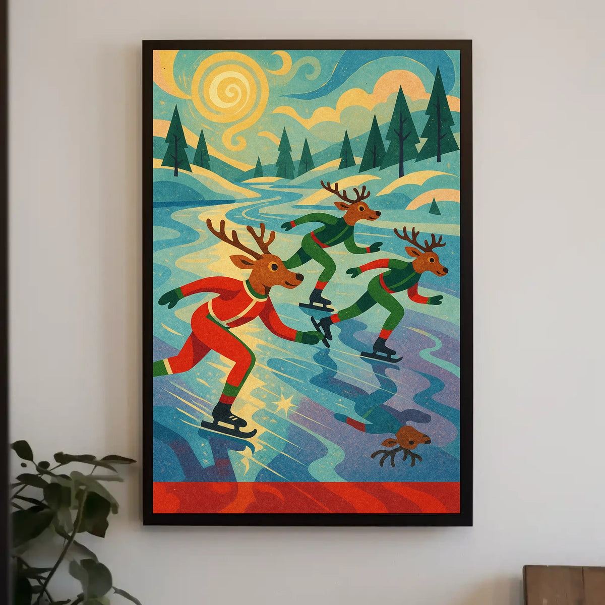 Whimsical Reindeer Skating Retro Art Poster