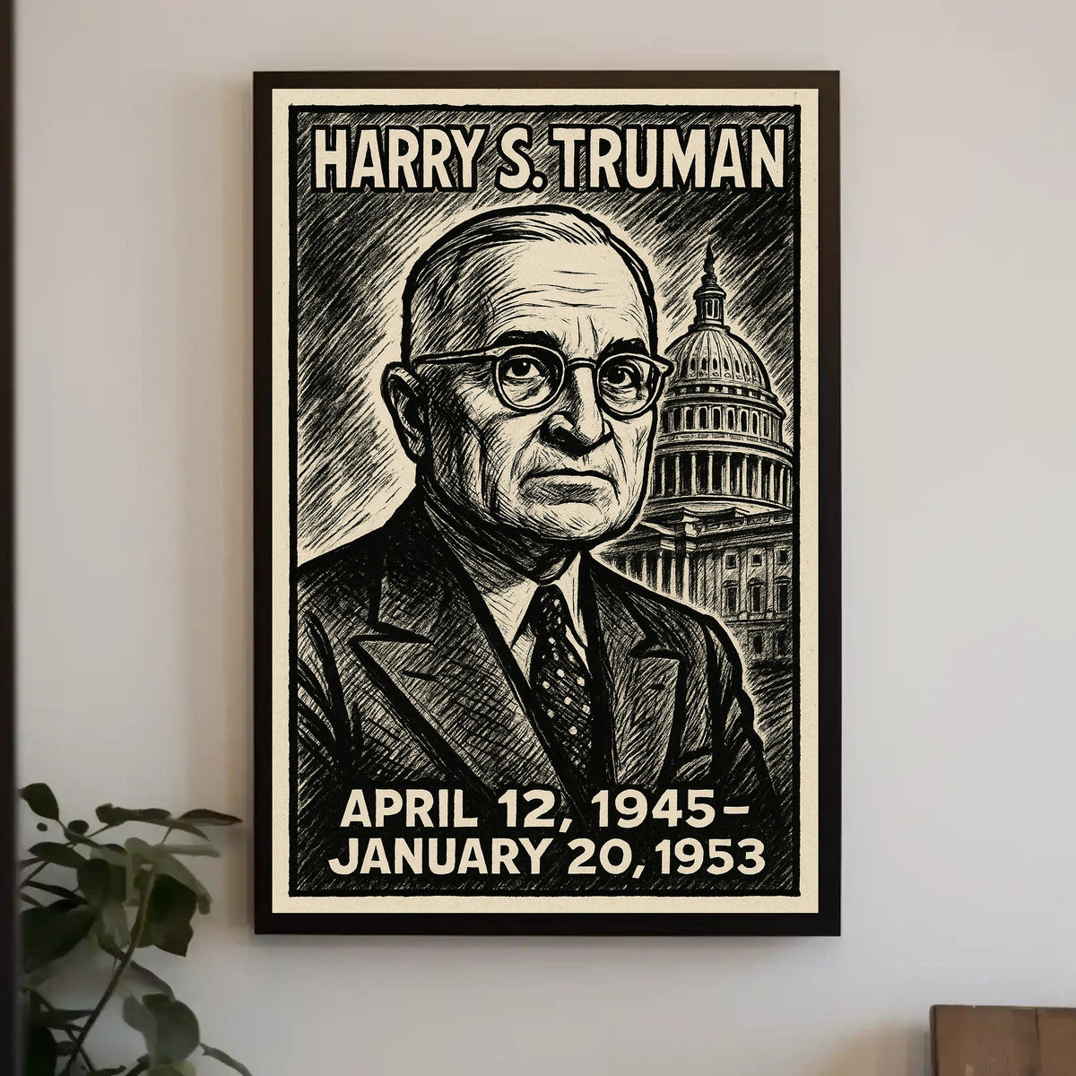 Harry S. Truman 33rd President of the United States B & W Comic Sketch Poster