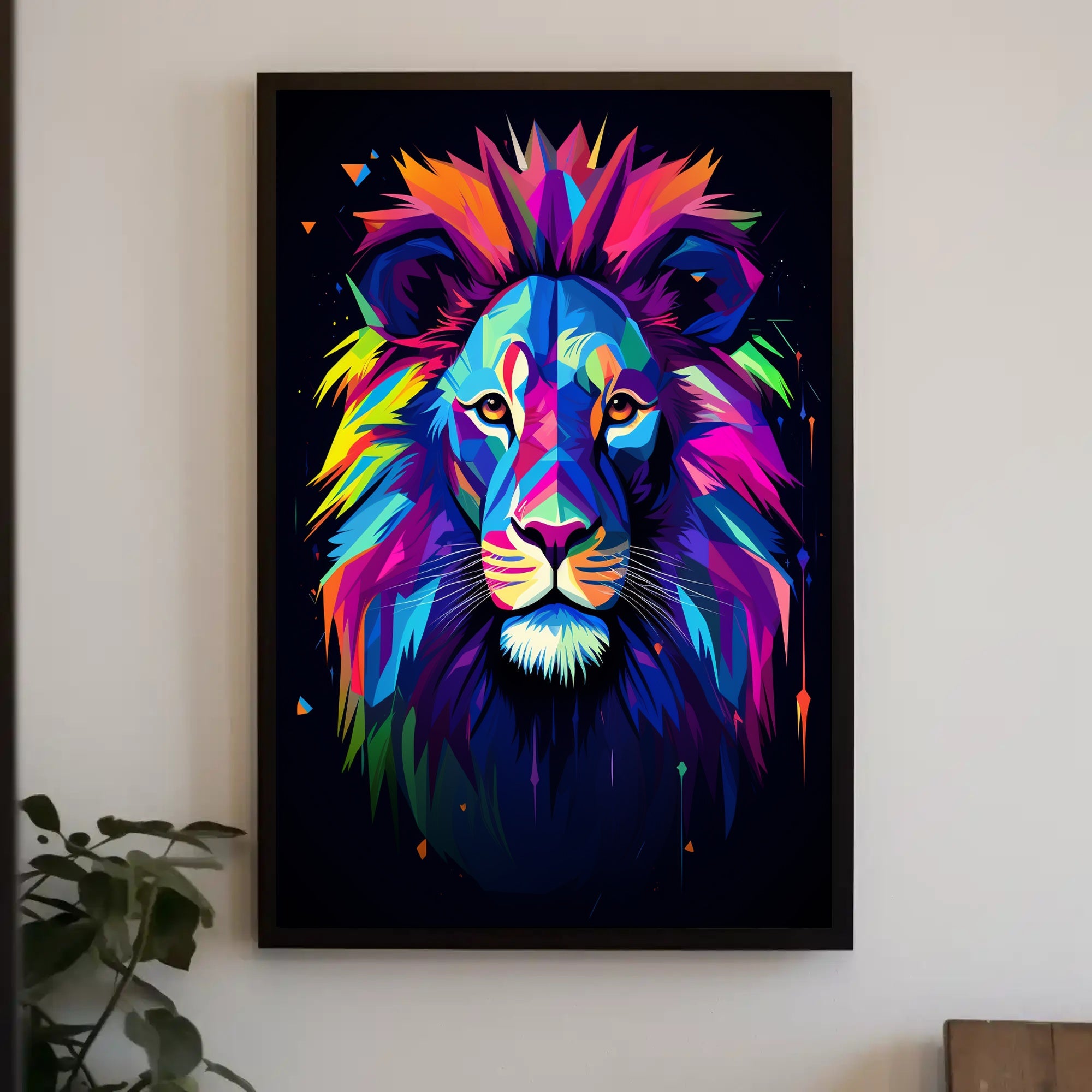 Vibrant Lion Portrait in Abstract, Artistic, or Pop Culture Poster