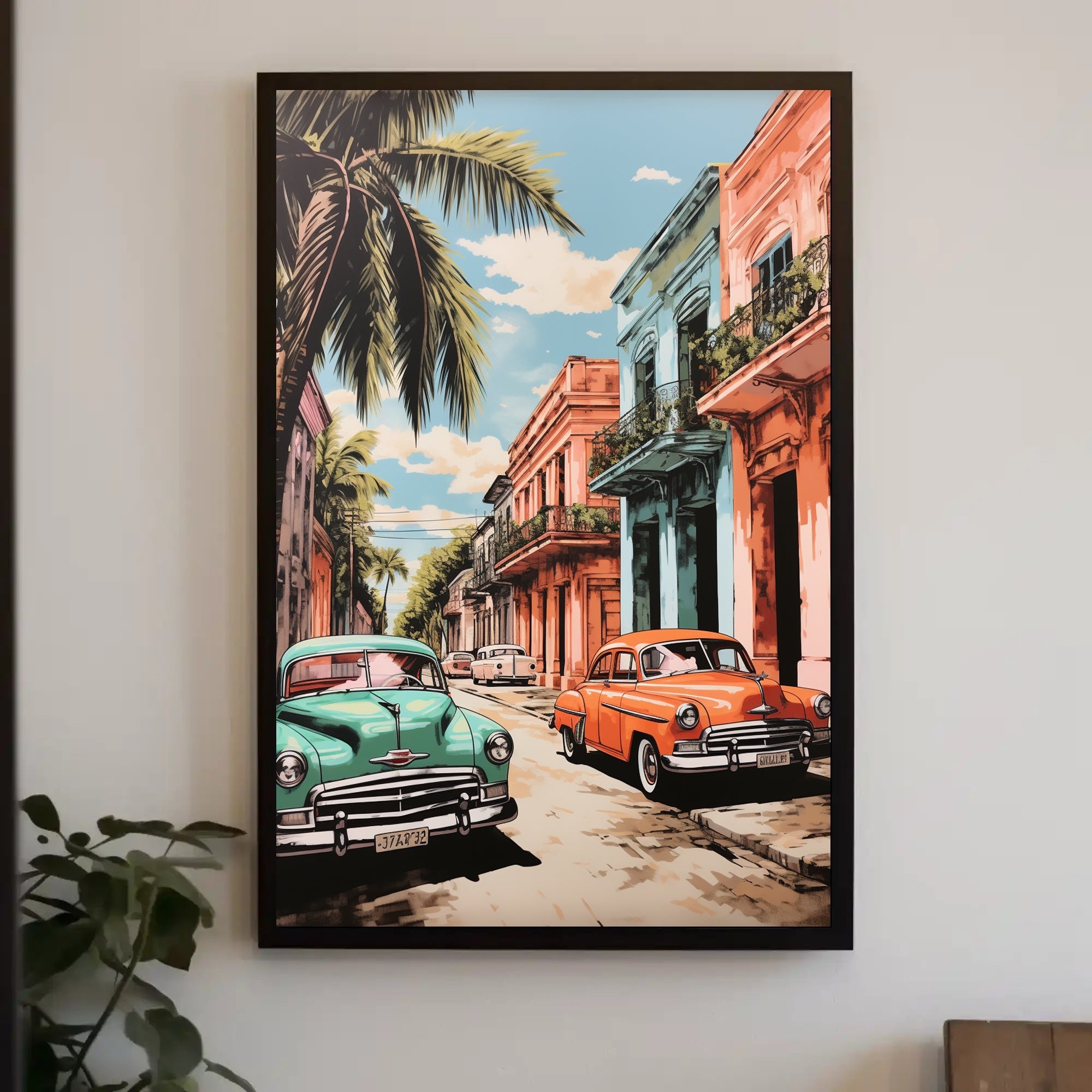 Vintage Cars In A Tropical Street Poster