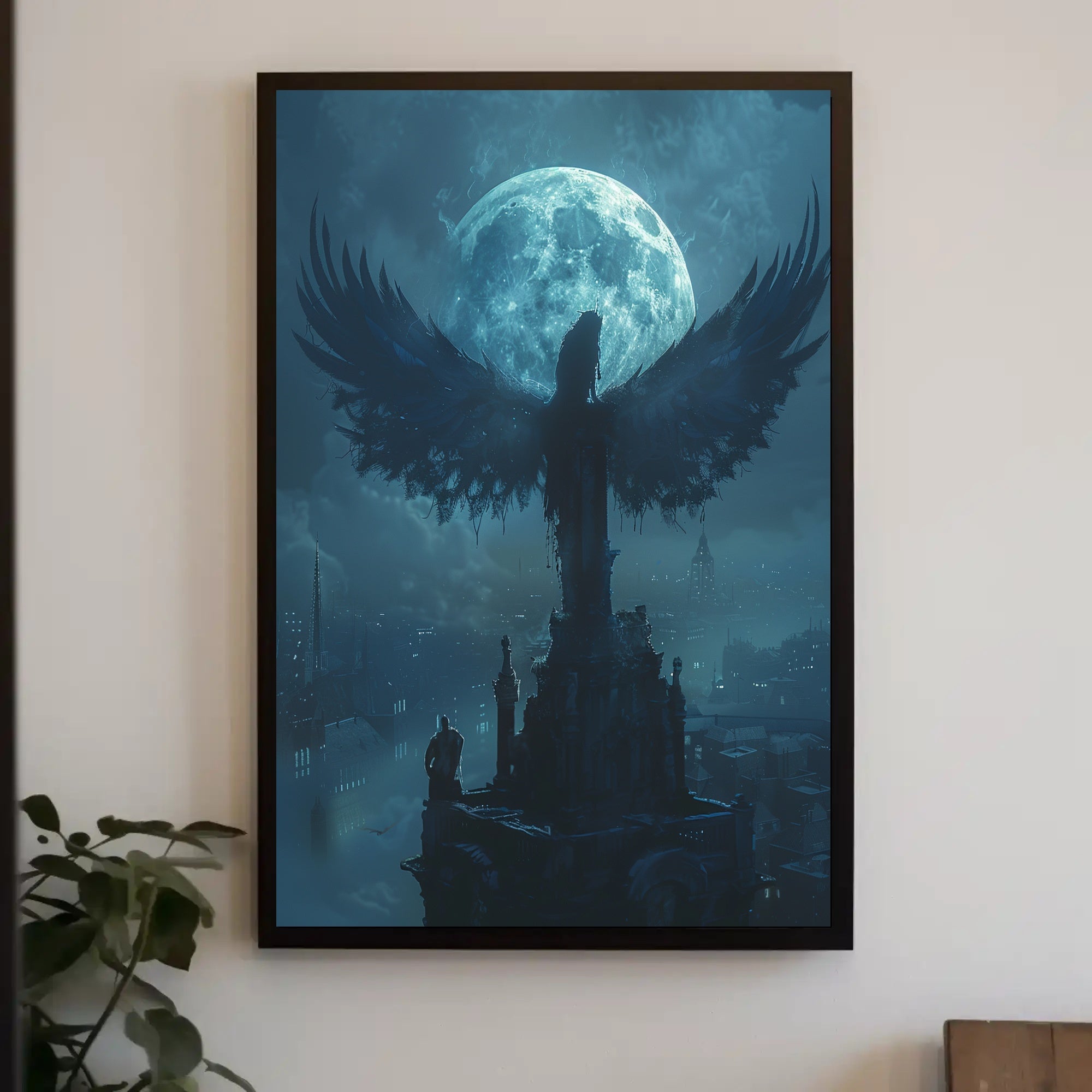 Ethereal Gothic Cityscape with Winged Silhouette Fantasy Poster