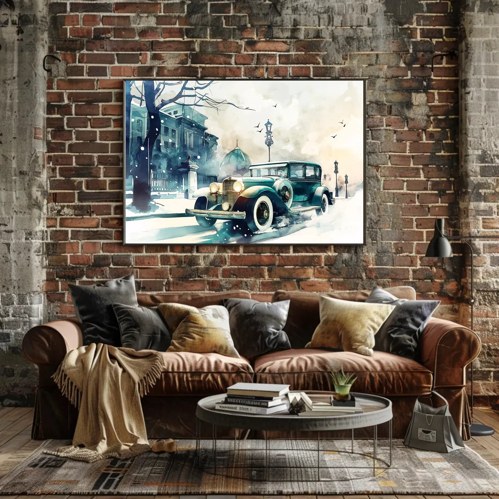Vintage Winter Car Scene: Nostalgic Urban Elegance Poster