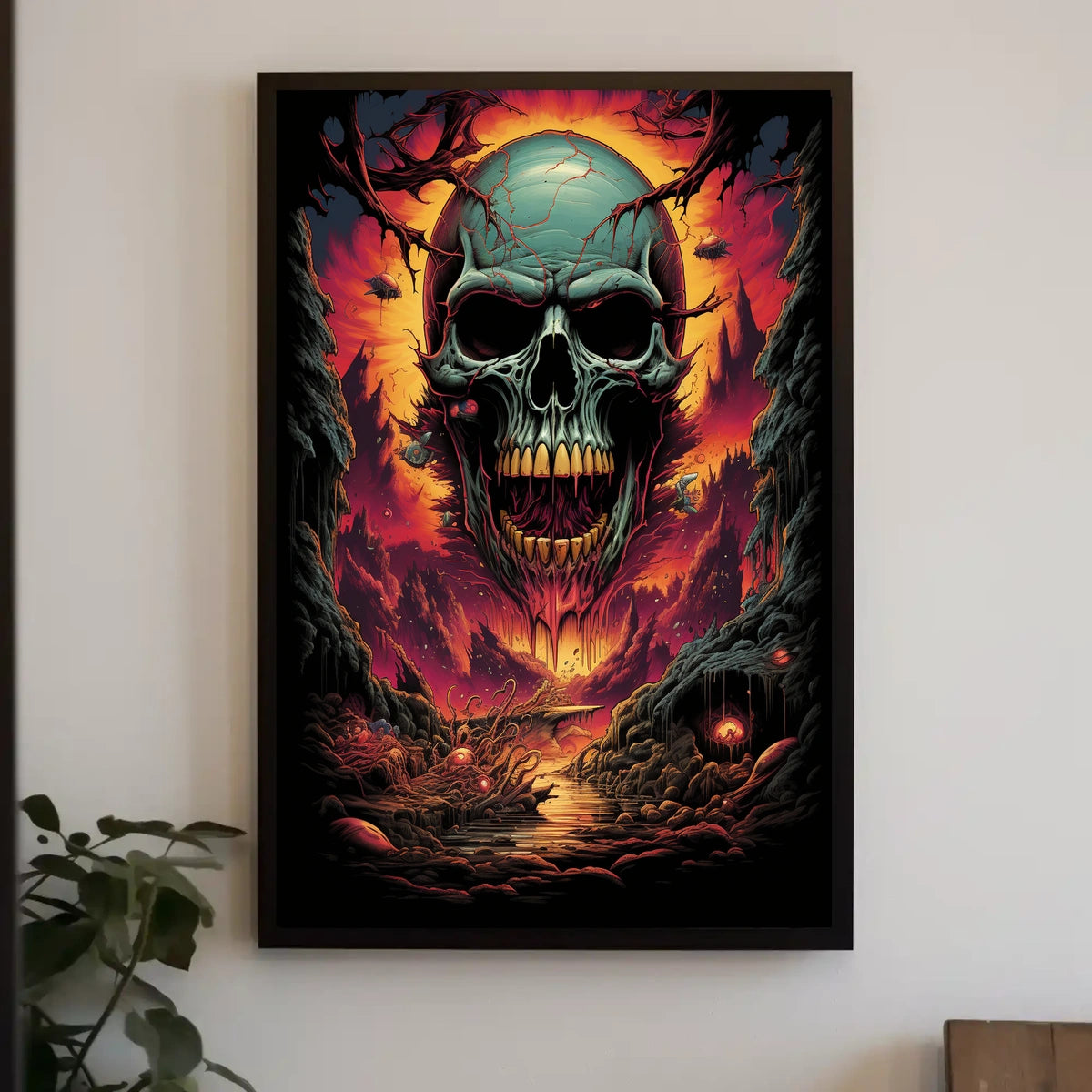 Eerie Skull Over Fiery Alien Landscape Poster