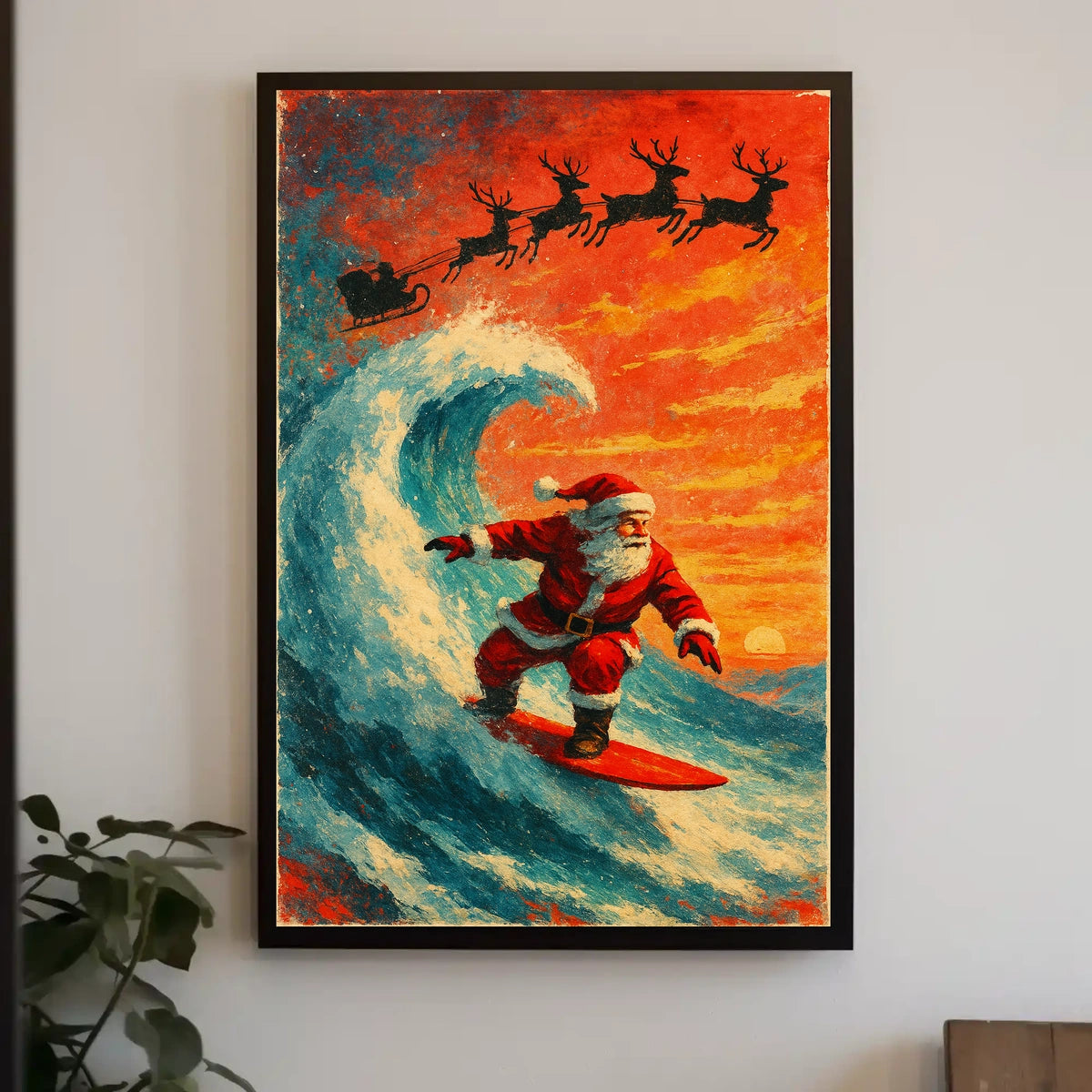 Santa Surfing Christmas Wave Vintage Poster