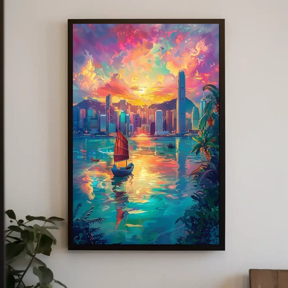 Hong Kong Harbor Sunset Impressionistic Art Poster