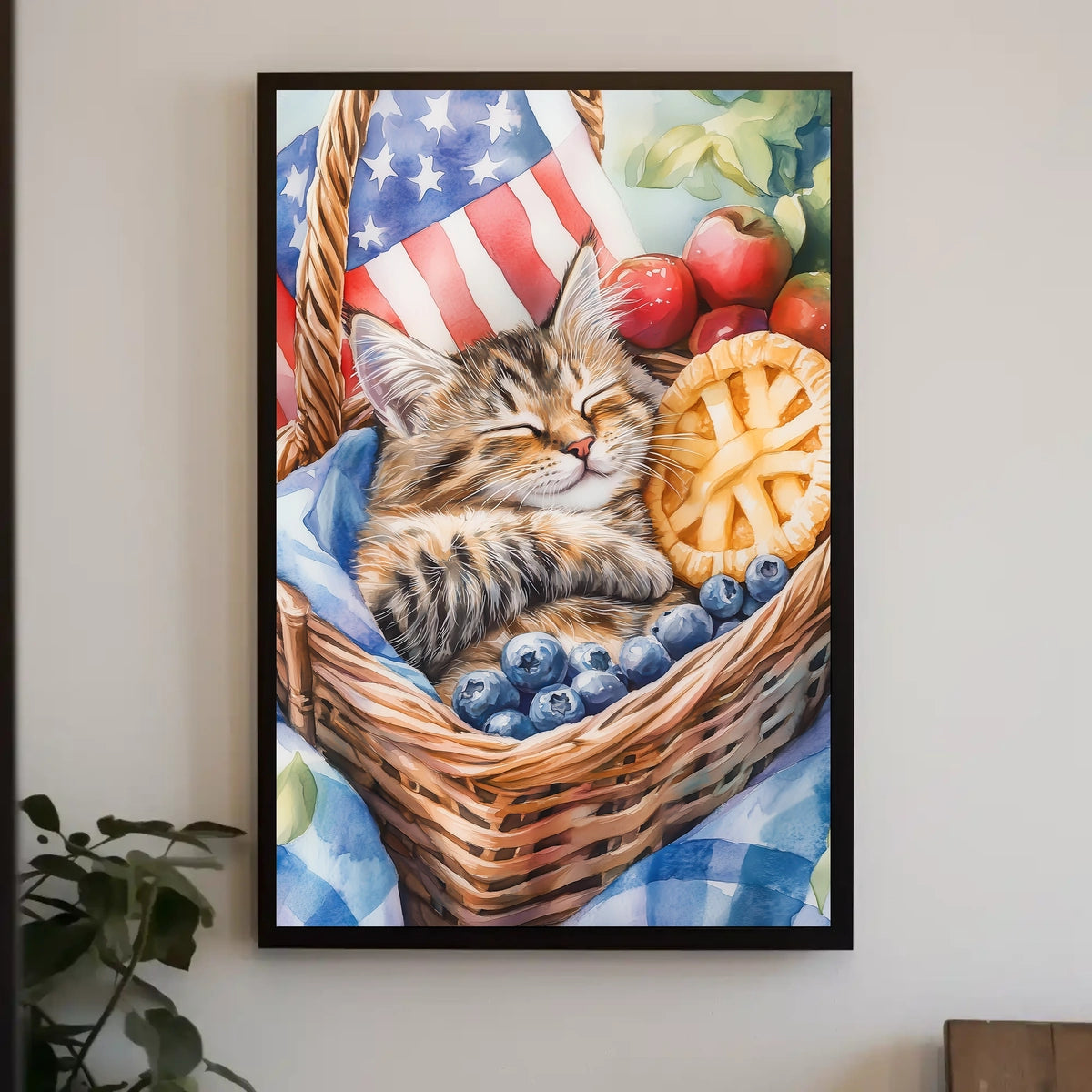 Fluffy Tabby Cat Sleeping In Basket With Fruit Poster