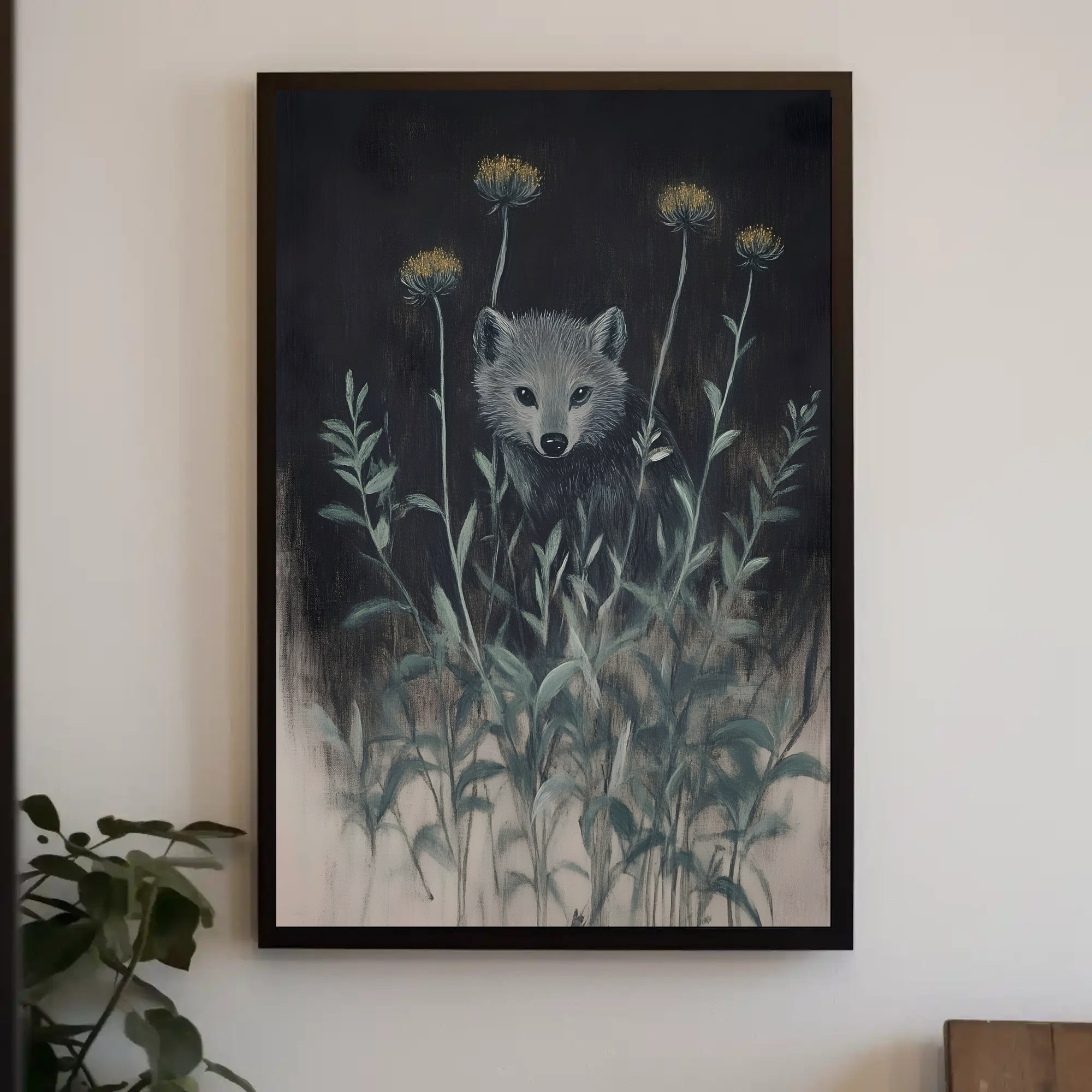 Mystical Abstract Wolf Amidst Wildflowers Artistic Poster PosterGoat