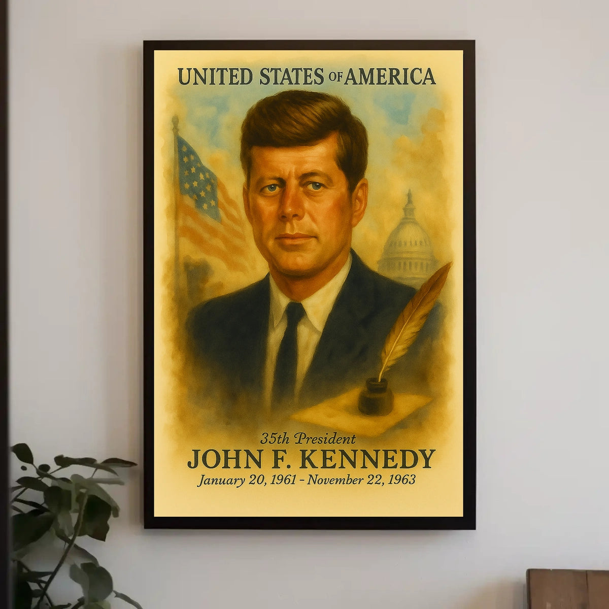 John F. Kennedy 35th President of the United States Vintage Watercolor Poster