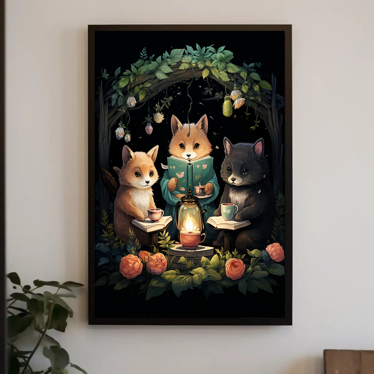 Whimsical Foxes Lantern Reading Forest Poster