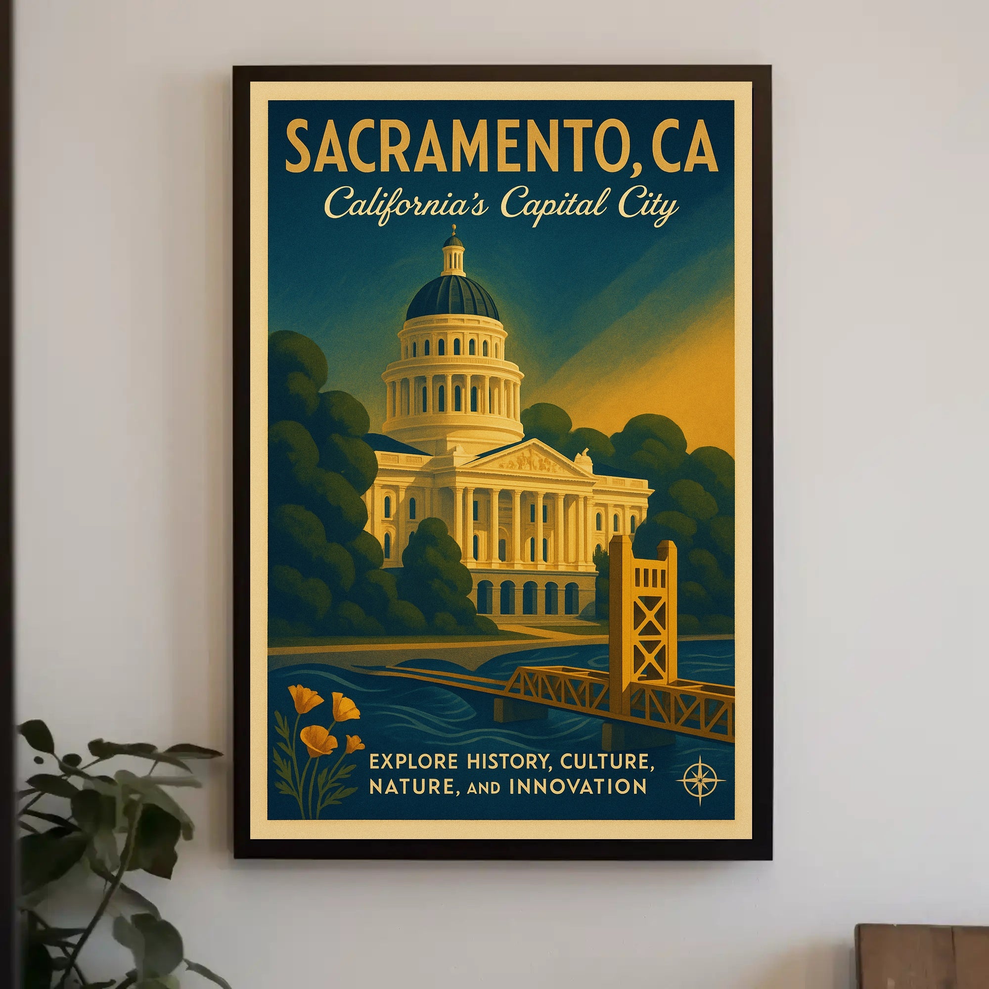 Sacramento Cityscape Vintage Travel Poster