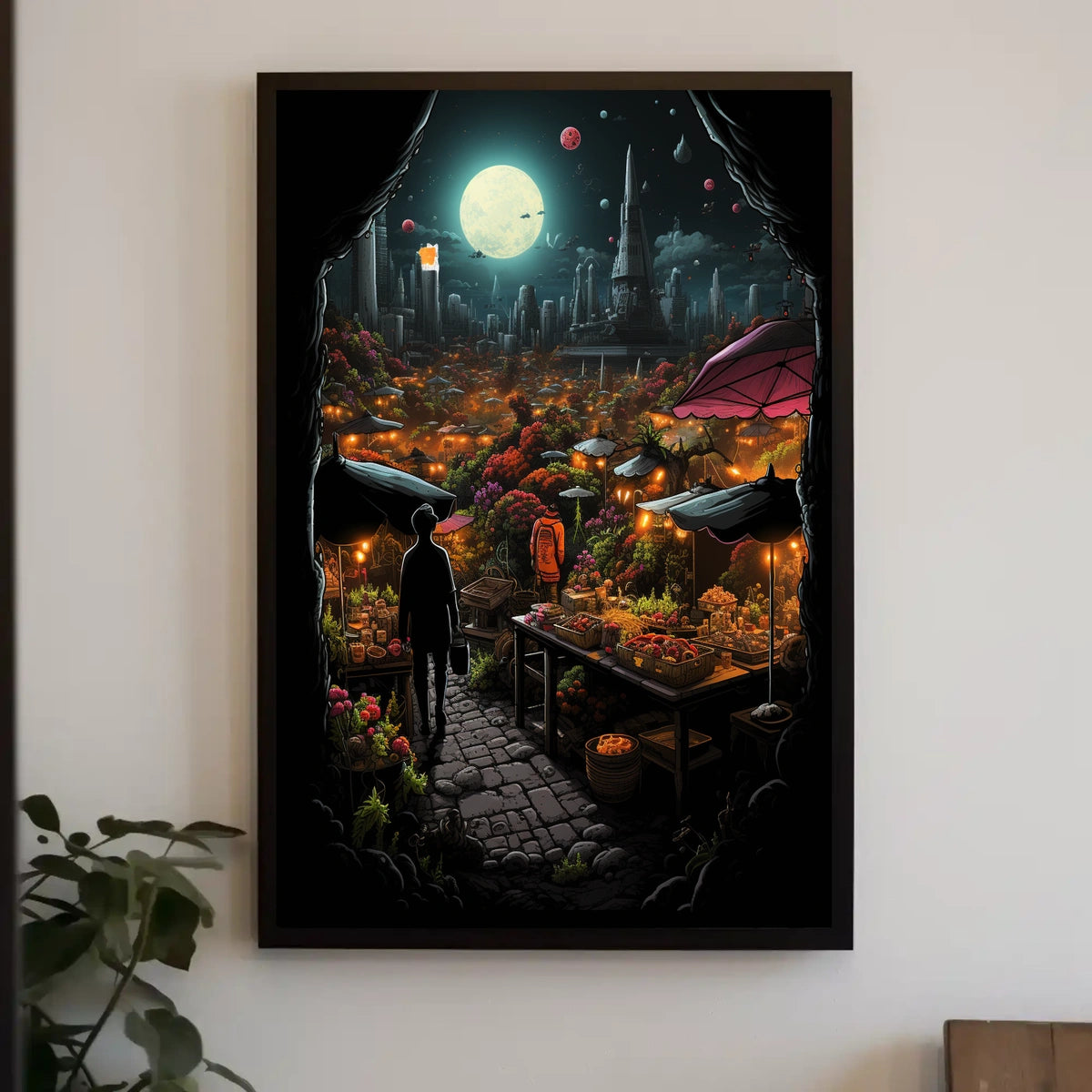 Moonlit Market In A Futuristic City Poster