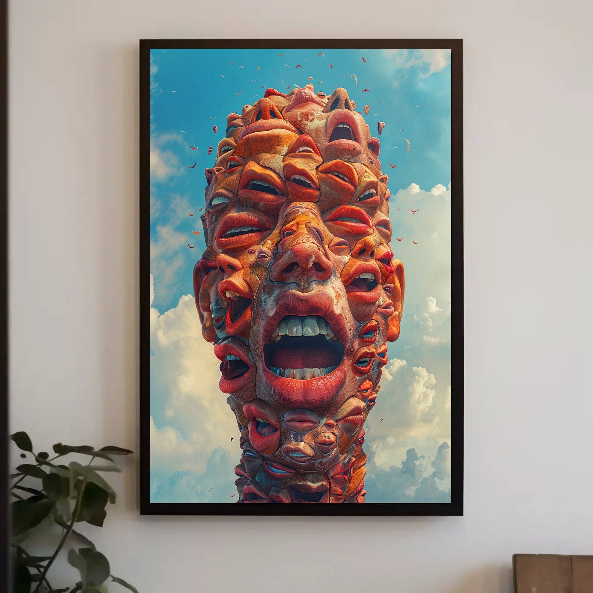 Surreal Abstract Faces Poster with Blue Sky Background PosterGoat