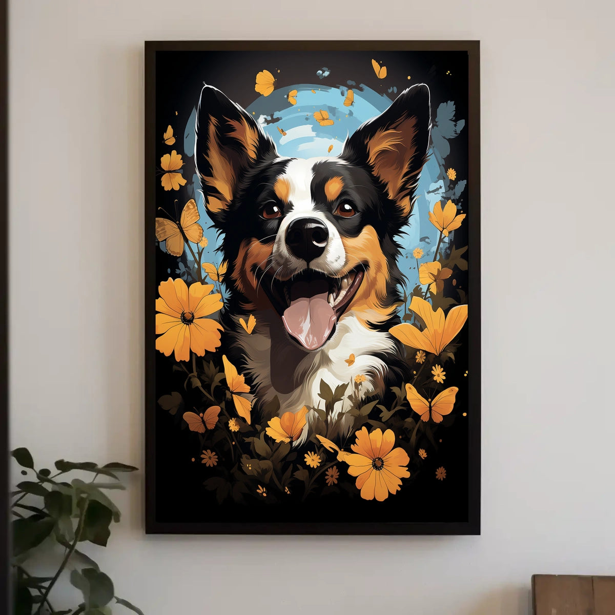 Joyful Dog and Flowers Nature Art Poster