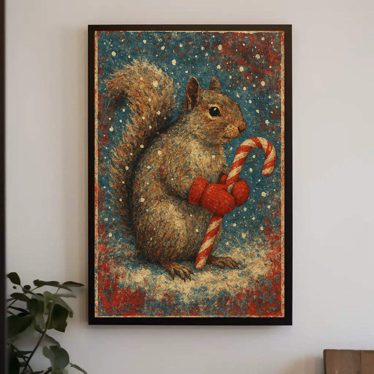 Winter Squirrel with Candy Cane Poster