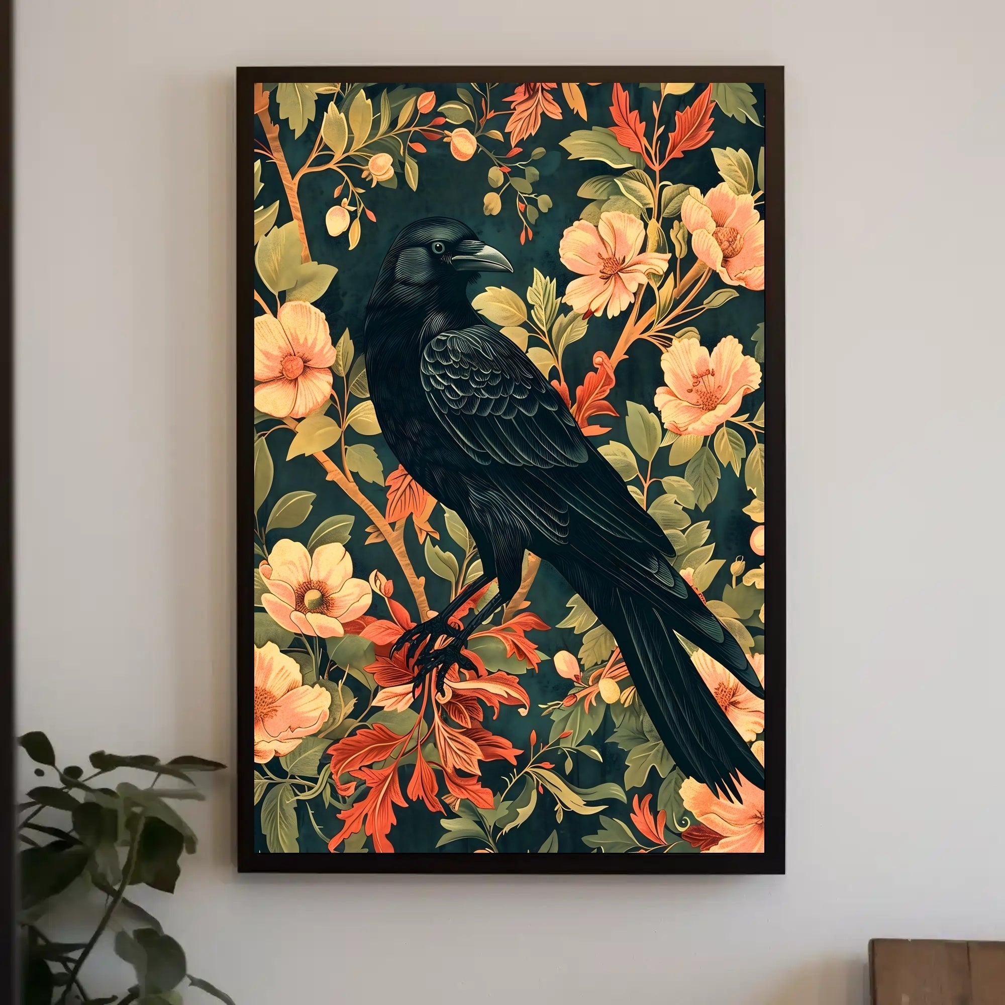 Majestic Raven Wall Art Print with Floral Design