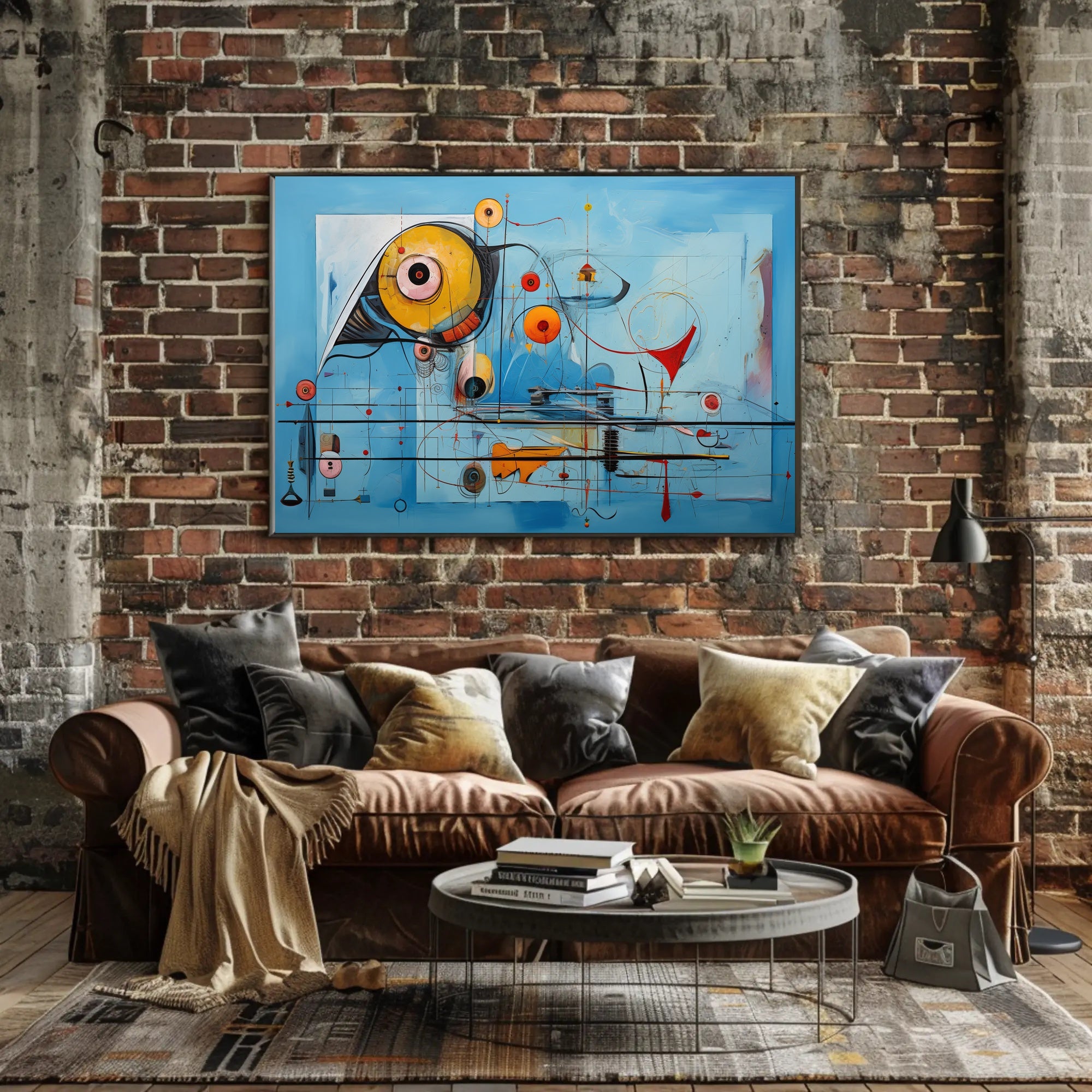 Vivid Blue Abstract with Geometric Sun Artistic Poster