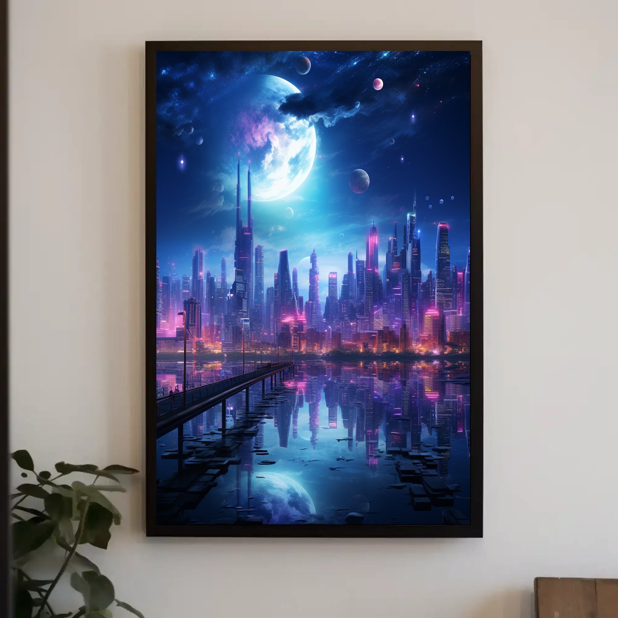 Neon Cityscape Under A Cosmic Sky Poster