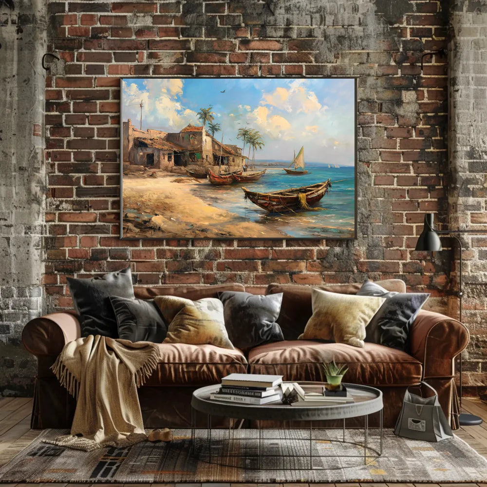 Serene Coastal Village Vintage Art Poster