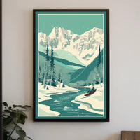 Winter Serenity: Majestic Snow-Covered Mountains and Tranquil River Poster
