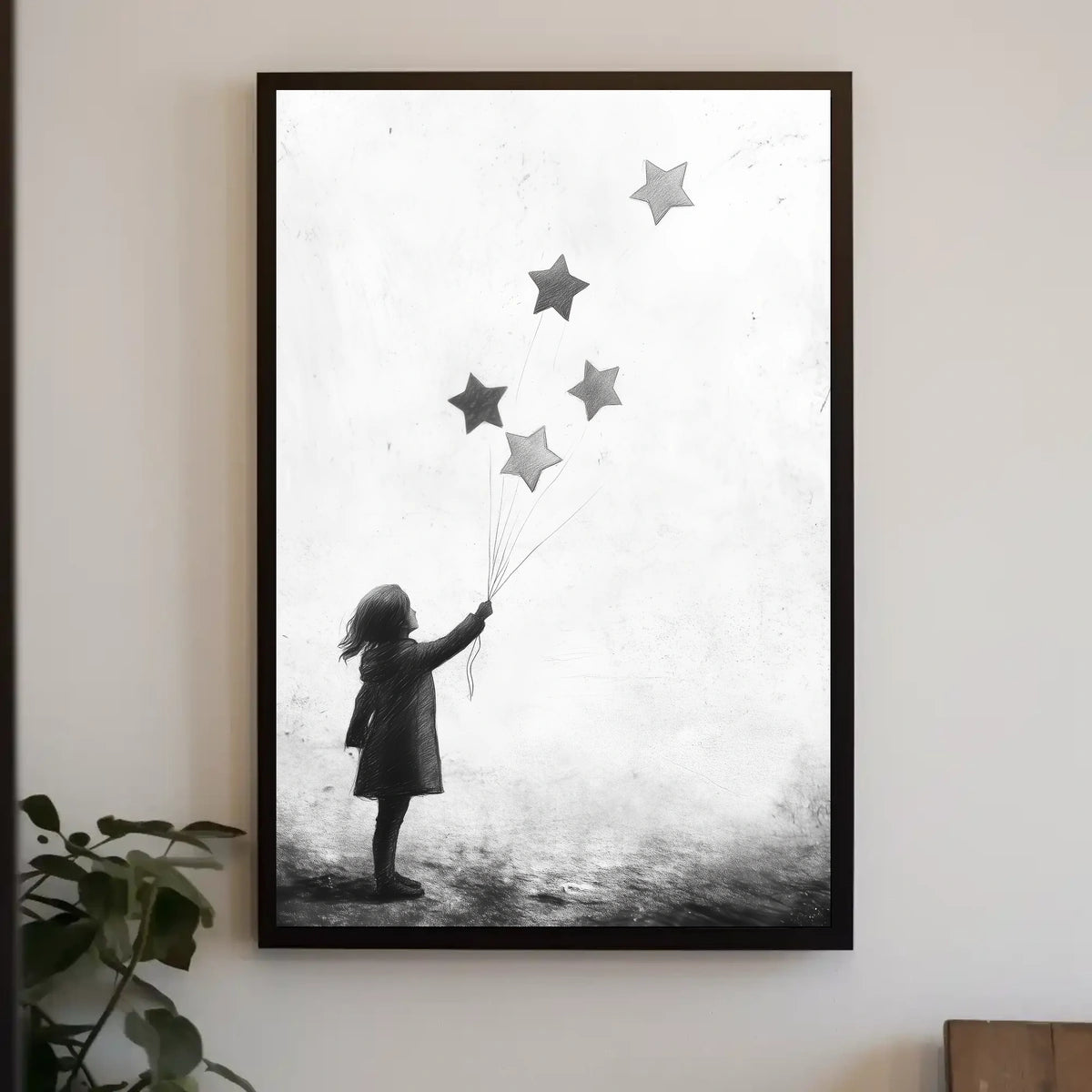 Child Releasing Star Balloons Silhouetted Artwork Poster