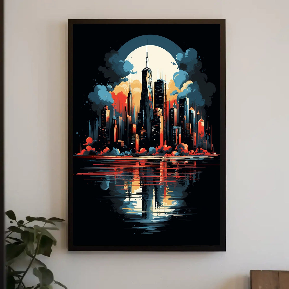 Futuristic Cityscape Moonlit Skyline Art Poster