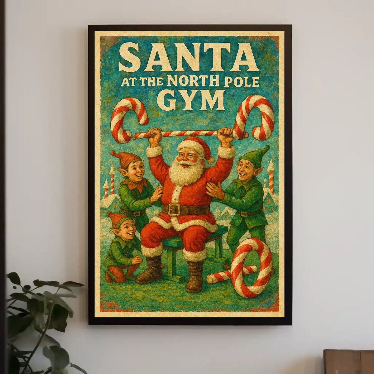 Santa's Whimsical Workout Festive Pop Culture Poster