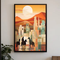 Sunset Riders in a Desert Cityscape Poster