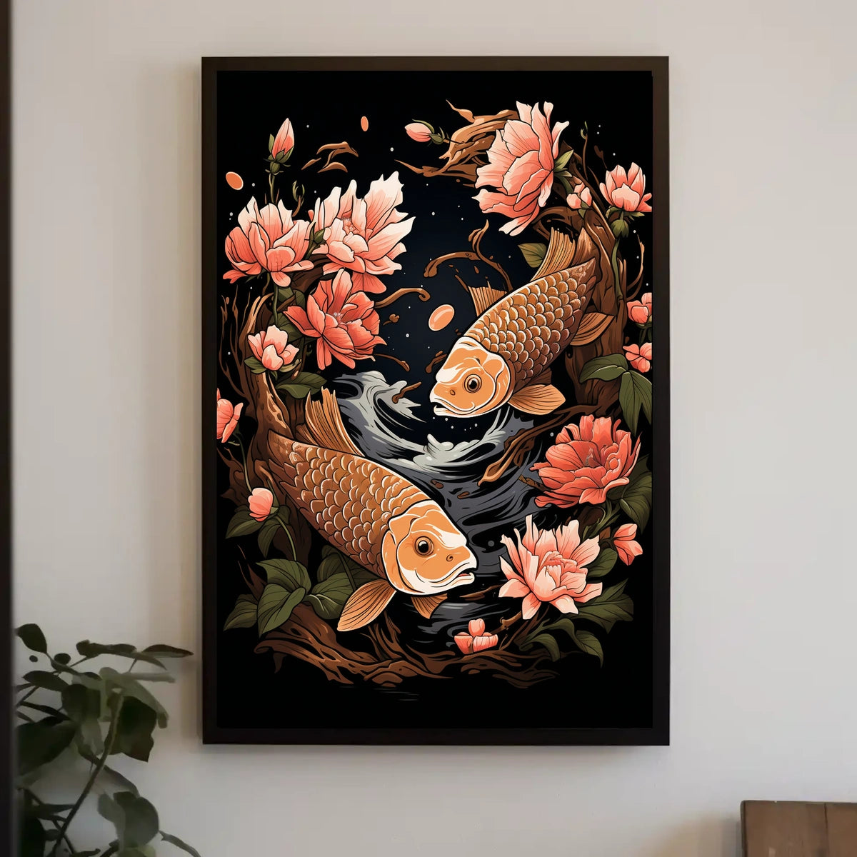 Koi Fish and Peony Japanese Art Poster