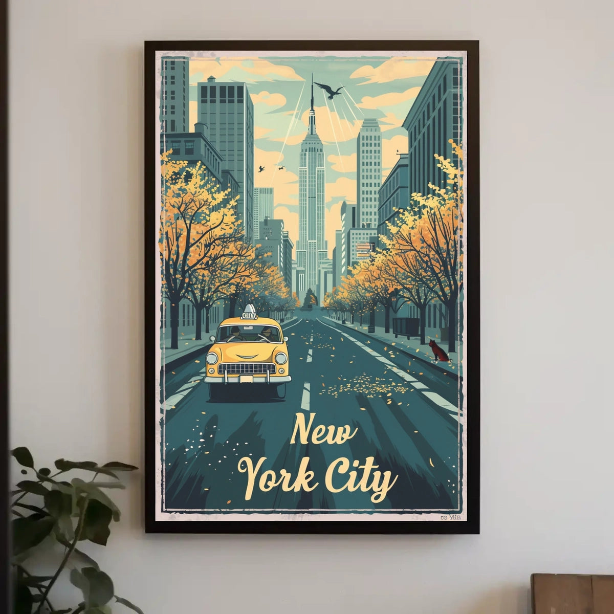 New York City Autumn Taxi Skyline Poster Vintage Wall Art