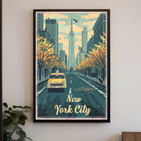 New York City Autumn Taxi Skyline Poster Vintage Wall Art