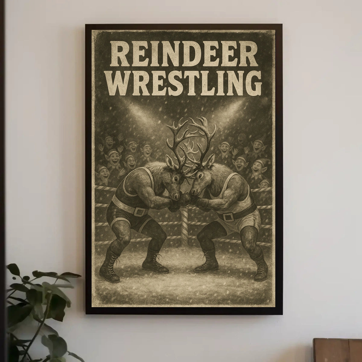 Reindeer Wrestling Holiday Whimsy Poster - Fantasy or Mythology Poster