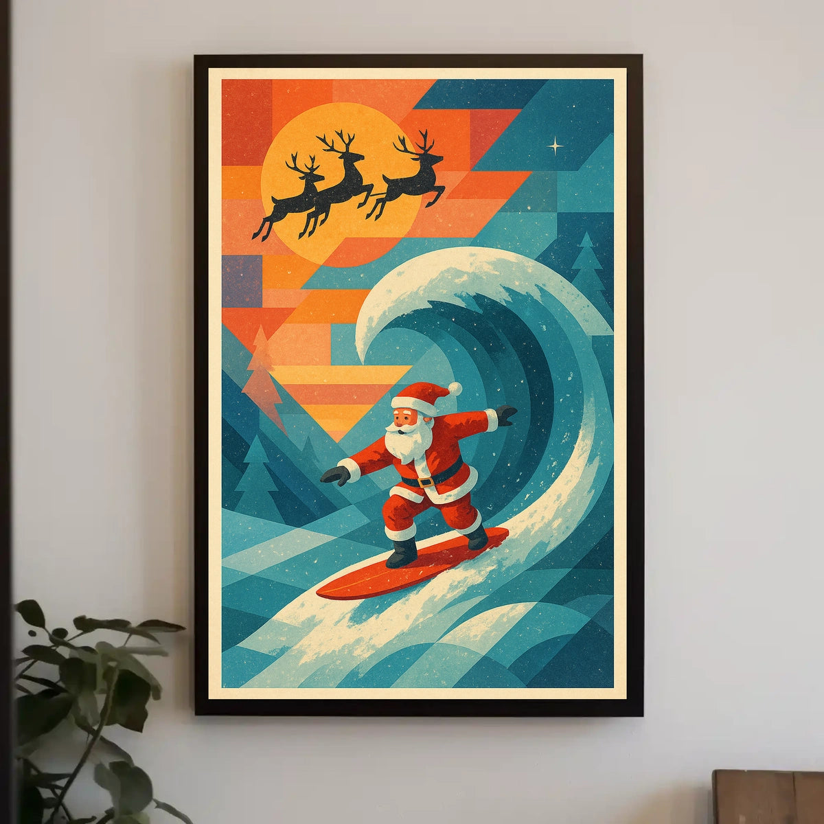 Santa Surfing Retro Holiday Adventure Poster