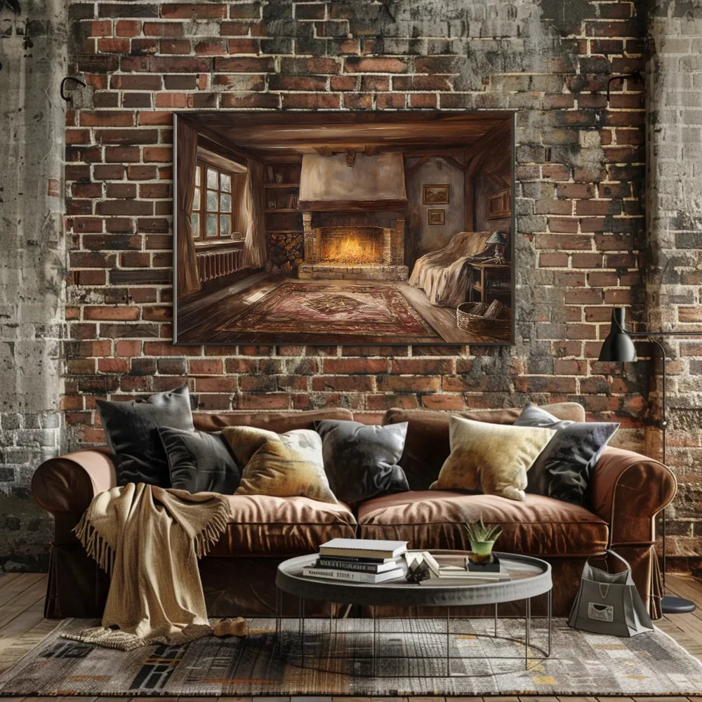 Cozy Rustic Cabin Fireplace Illustration Poster