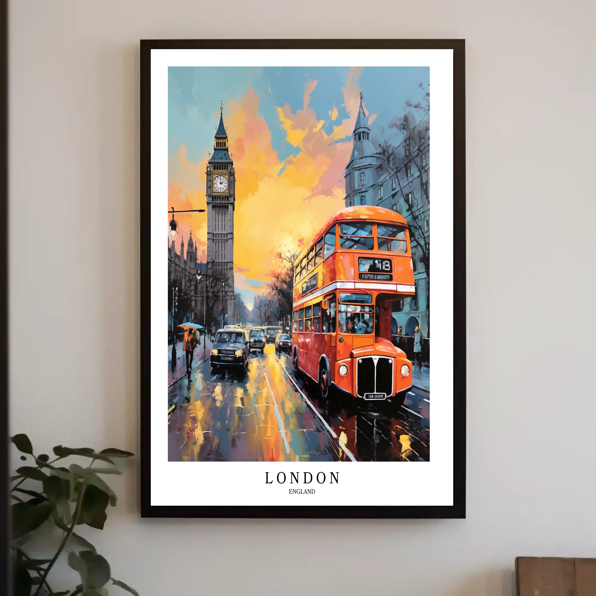 London's Urban Charm: Big Ben & Bus Cityscape Poster PosterGoat