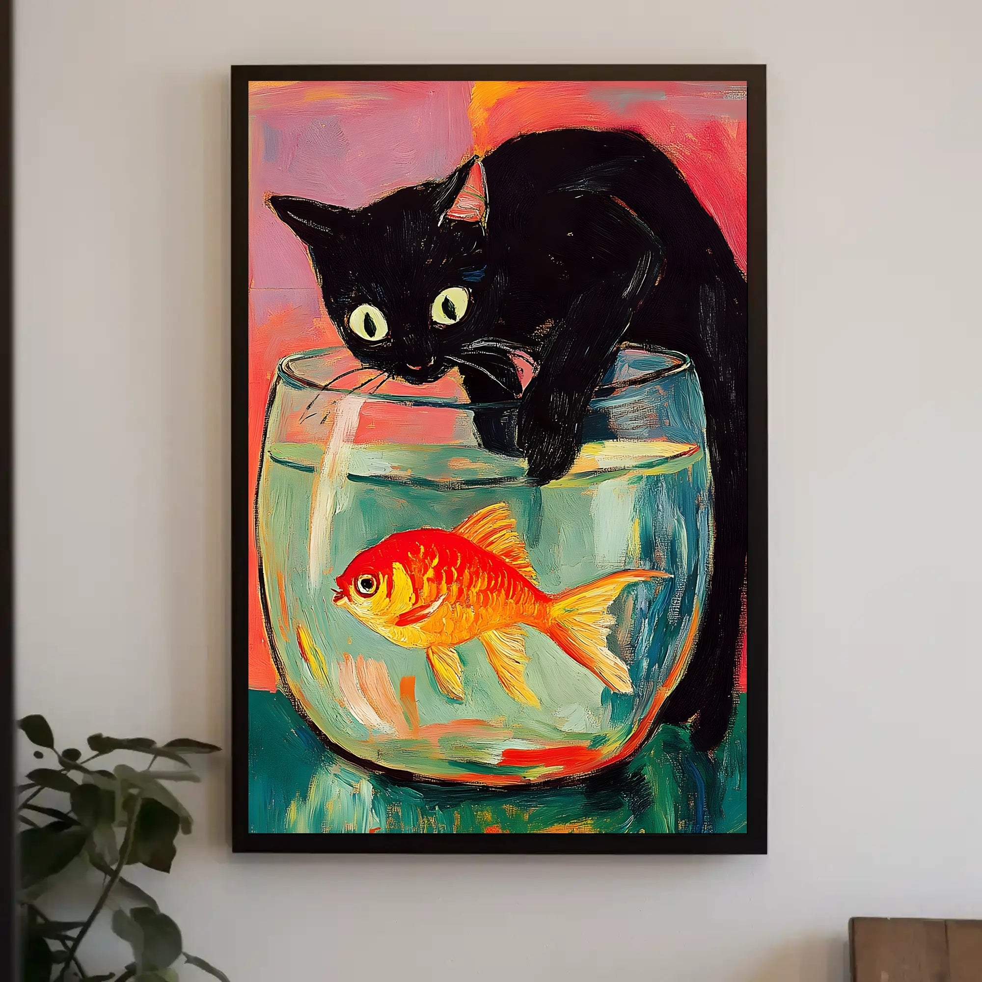 Curious Cat And Goldfish Poster Colorful Art Print