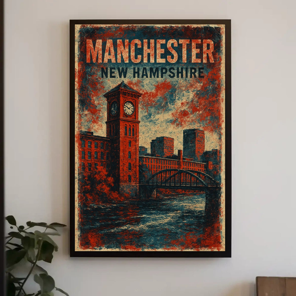 Manchester Clock Tower River Scene Vintage Nostalgic Poster
