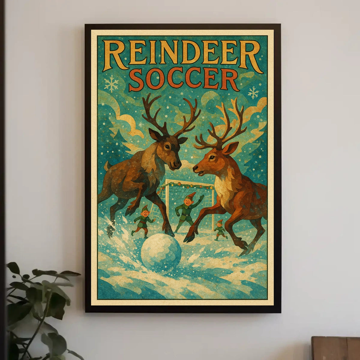 Reindeer Soccer: Whimsical Winter Fantasy Art Poster