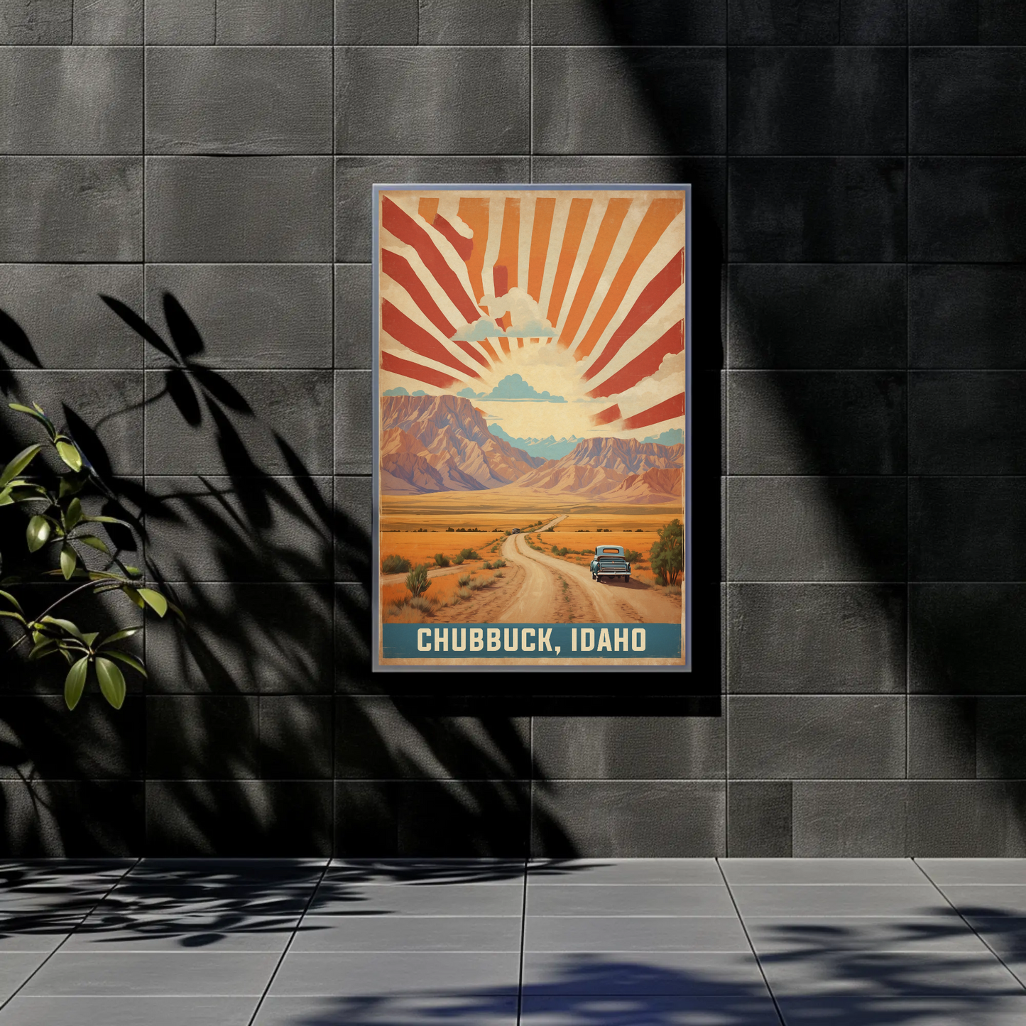 Chubbuck Idaho Sunset Road Desert Mountains Vintage Travel Poster