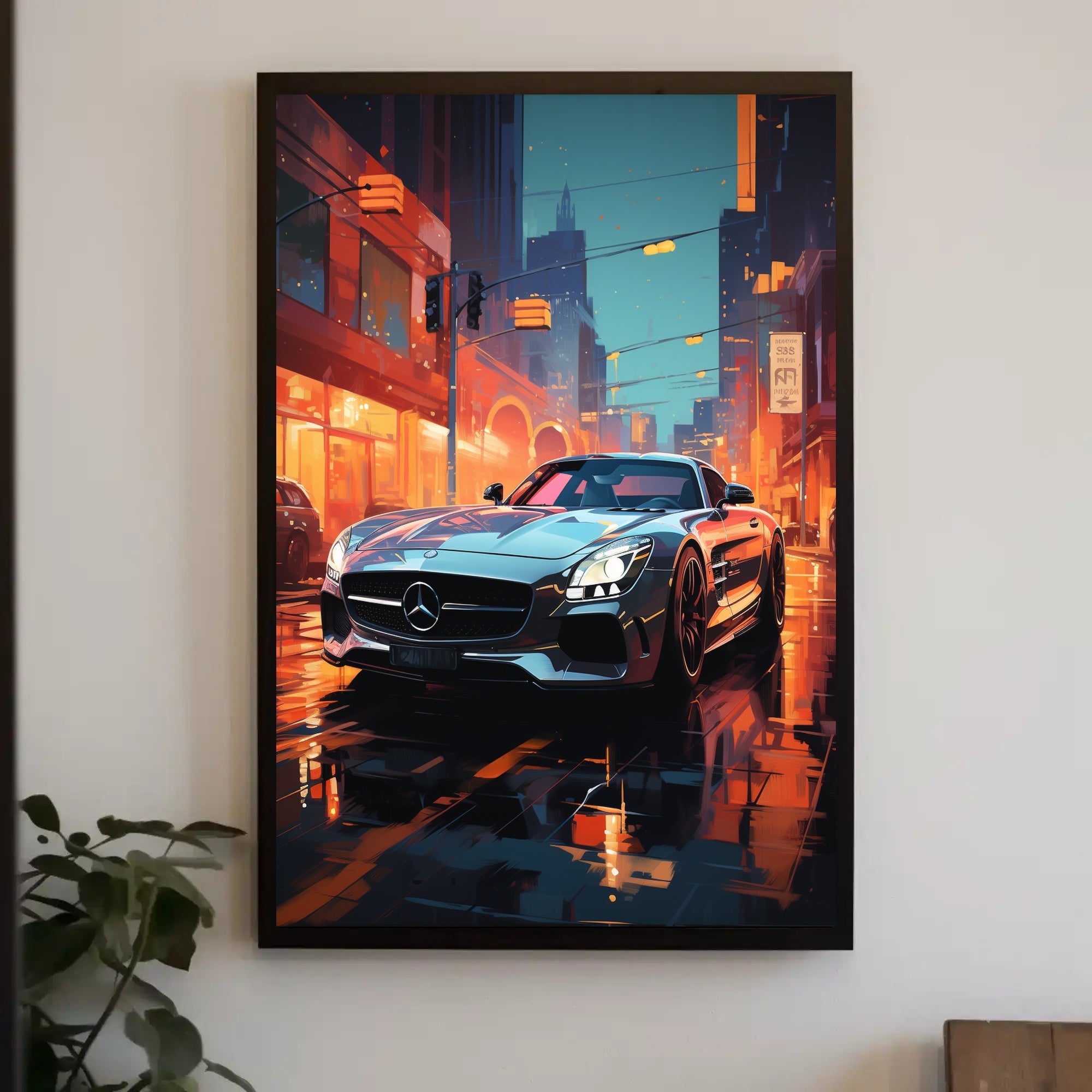 Sleek Urban Sports Car on Vibrant City Street Poster