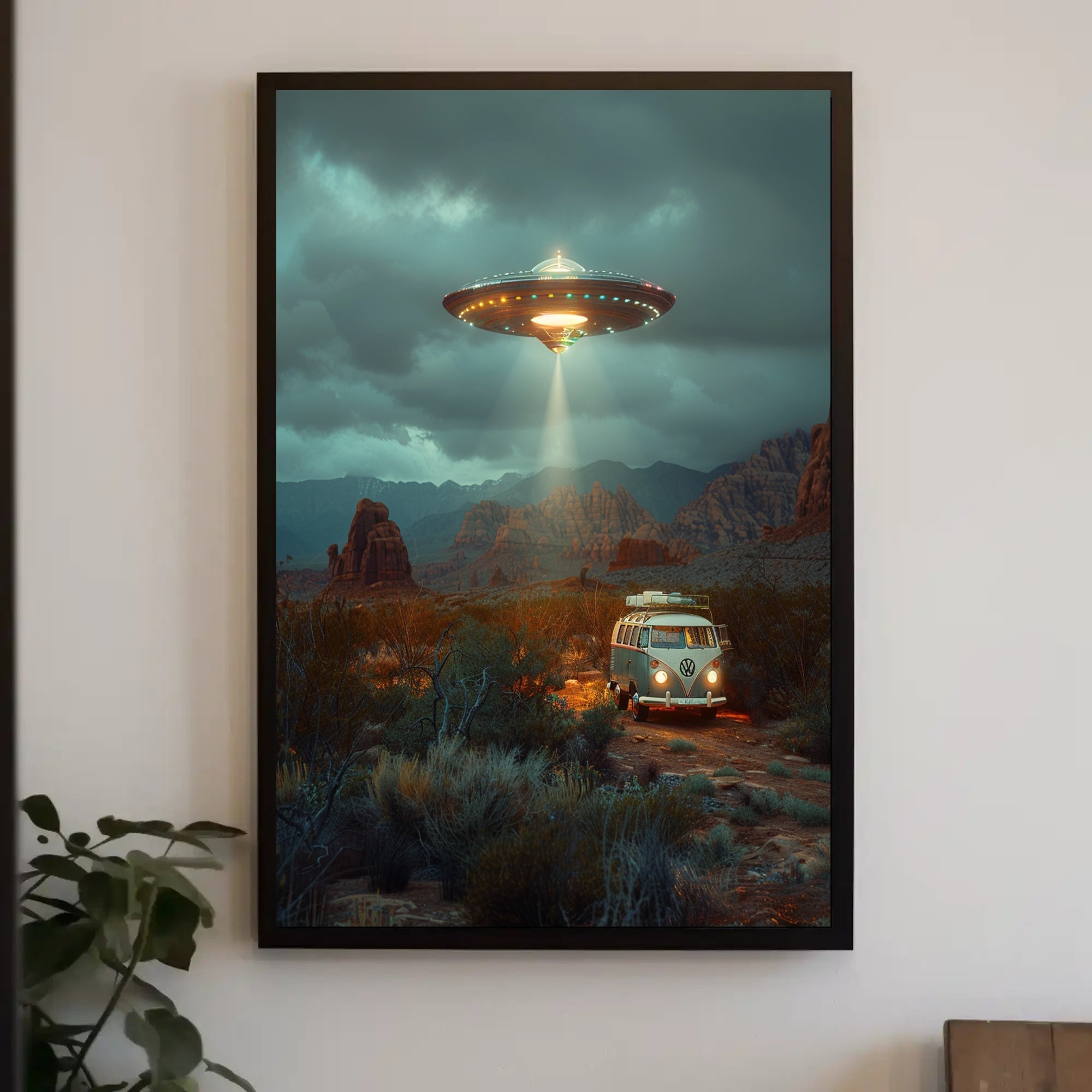 UFO Encounter in the Desert Art Print Poster PosterGoat