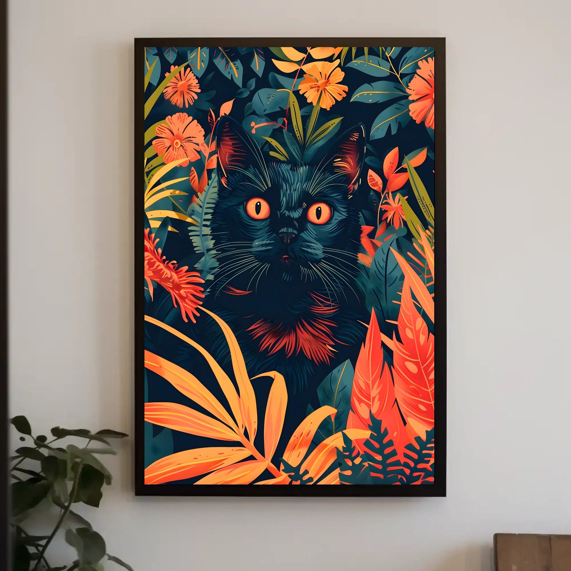 Striking Black Cat in Vibrant Jungle Animal Poster